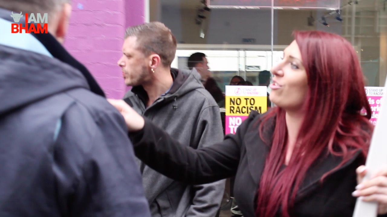 Jayda Fransen and Britain First at the Custard Factory in Birmingham attempting to "invade" a Stand Up To Racism meeting
