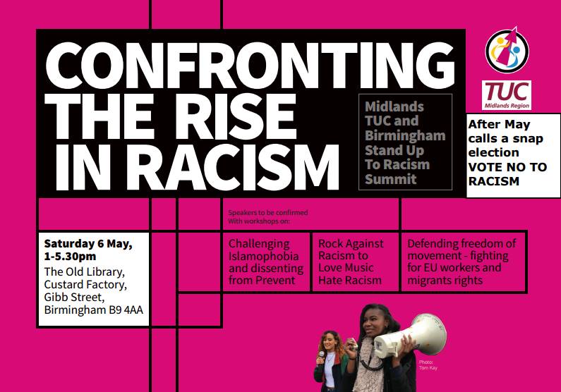 A promotional flyer for the Stand Up To Racism 'Confronting the Rise of Racism' event in Birmingham, co-organised by the Trades Union Council (TUC)