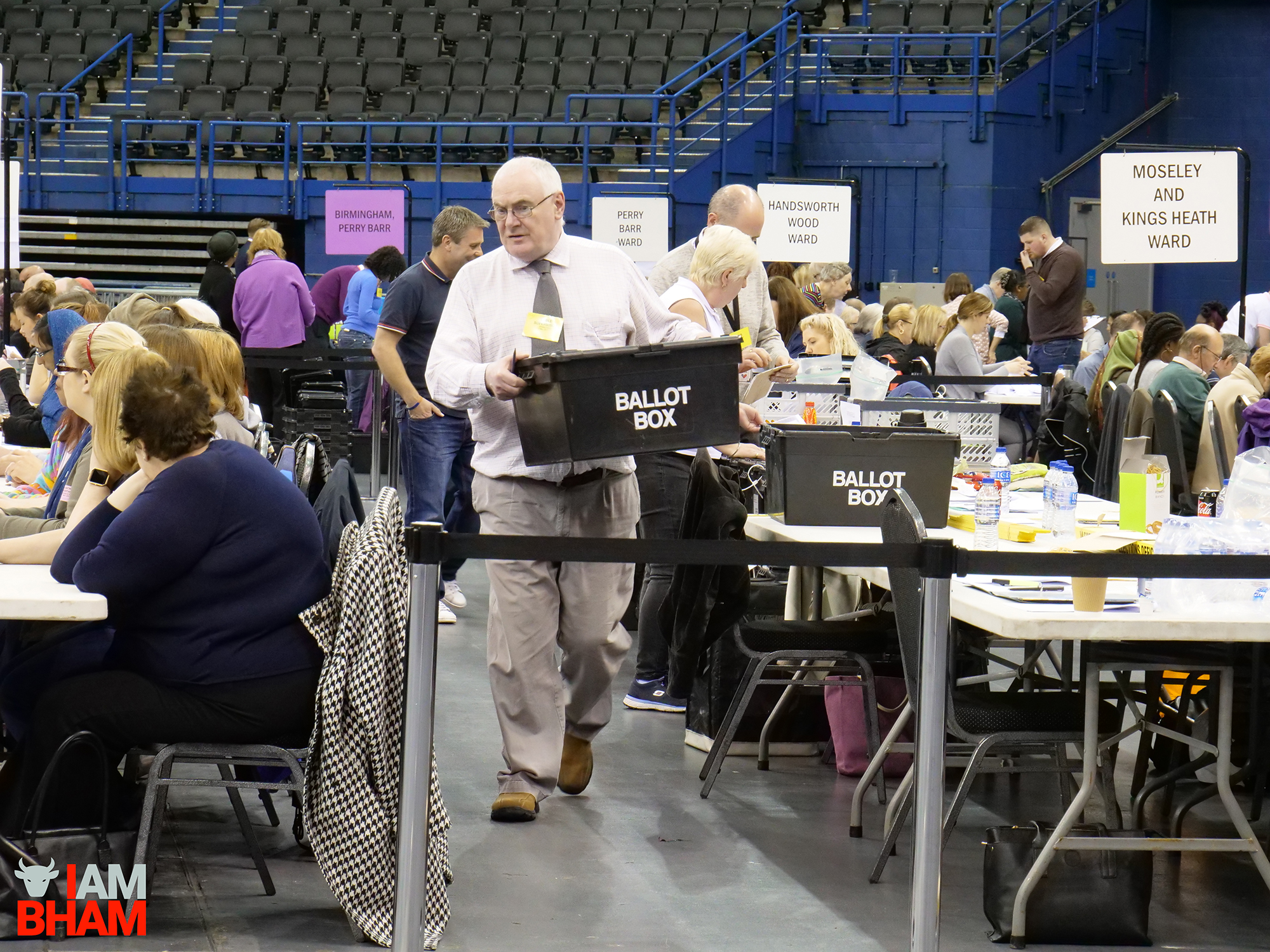 A ballot box is brought into the Birmingham Barclaycard Arena during the West Midlands Mayoral Election vote count
