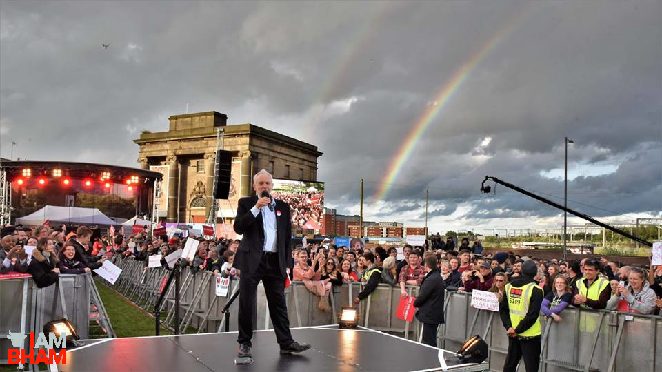 Fans of Jeremy Corbyn took it as a 'sign' when a double rainbow appeared over Birmingham Eastside during his speech