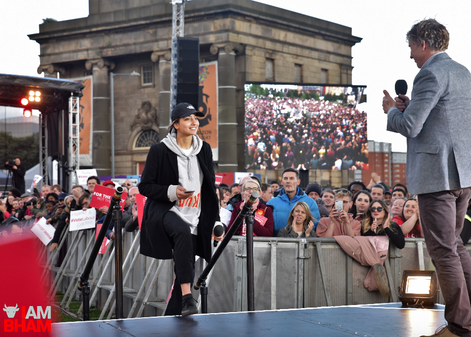 Birmingham activist Saffiyah Khan, who famously confronted the EDL in the city earlier this year, was welcomed to the stage by Steve Coogan to address the crowd