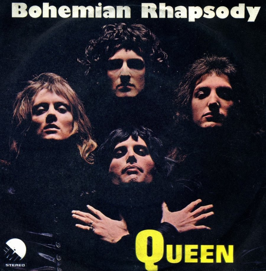 The record cover for Bohemian Rhapsody by Queen, featuring an iconic and famous photo captured by photographer Mick Rock