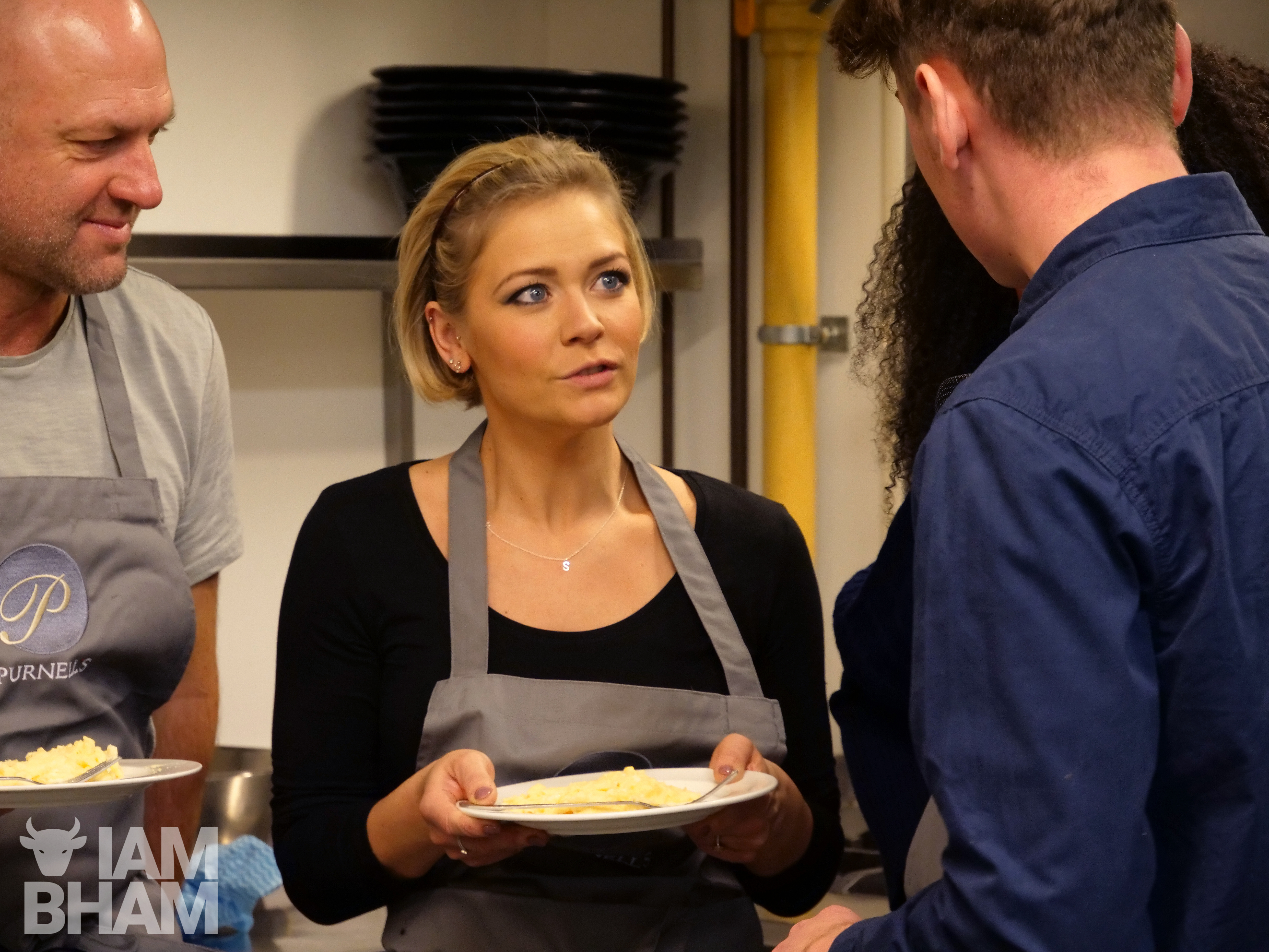 Singer and actor Suzanne Shaw in the Birmingham Hippodrome kitchens with her winning omelette
