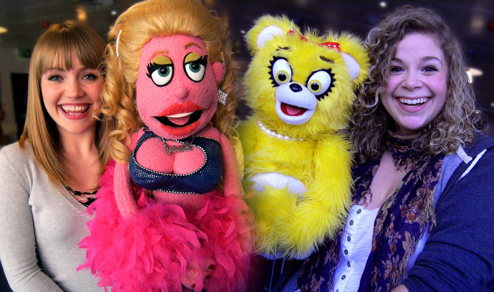10 photos of cast rehearsing with puppets for Avenue Q