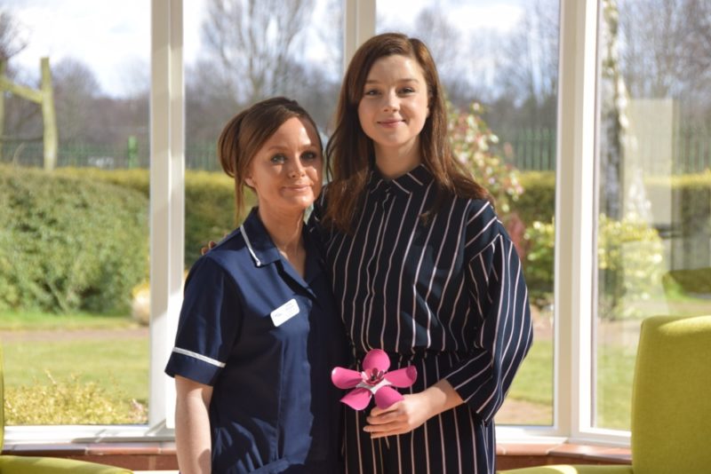 Claudia Jessie with nurse Emma Donovan supporting Forget Me Not at Birmingham St Mary's Hospice