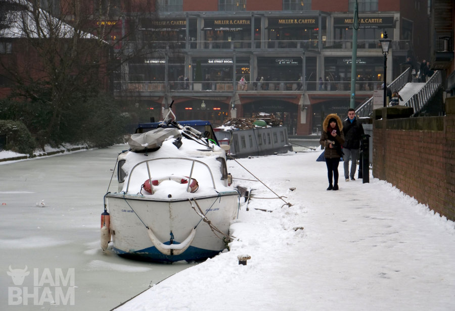 Canals by The Mailbox in Birmingham have frozen over as temperatures plunge