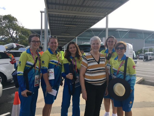 The Gold Coast 2018 Games Shapers give an Australian welcome to Birmingham's Lord Mayor Anne Underwood following her arrival Brisbane Airport ahead of her role in the Commonwealth Games Closing Ceremony on Sunday 15 April