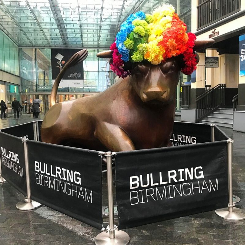 Birmingham Pride 2018 the Bullring bull with raimbow hair