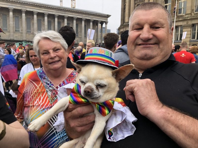 Friends celebrate Birmingham Pride 2018 with their dog