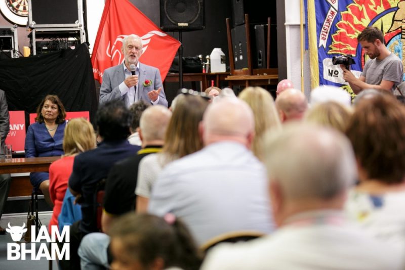 Labour leader Jeremy Corbyn speaking to an audience inside the Walsall Beeches Club in the West Midlands