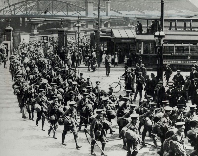 Soldiers marching through Birmingham station in 1914. Territorials were not obliged to serve overseas, but when asked in August 1914, the vast majority agreed to do so