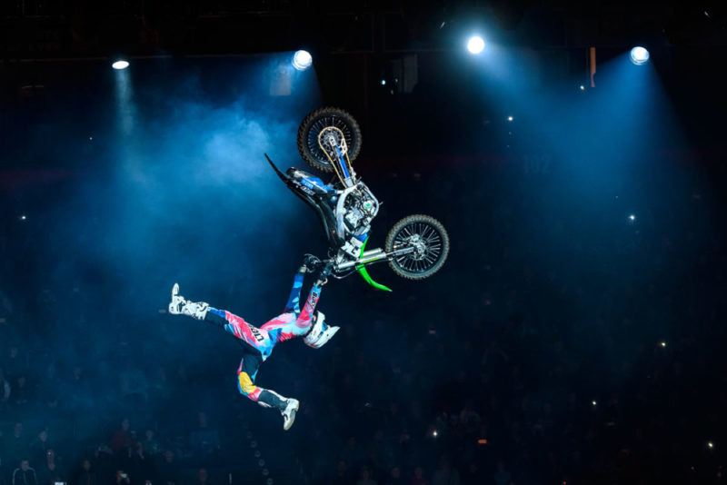 Arenacross Live is a night of choreographed entertainment that includes motocross, a great sound track, pyro, lasers and live screen back-stage action