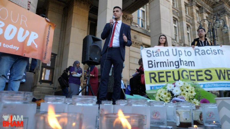 Andrew Stelly speaks at a vigil in Birmingham following the Manchester terror attack in 2017