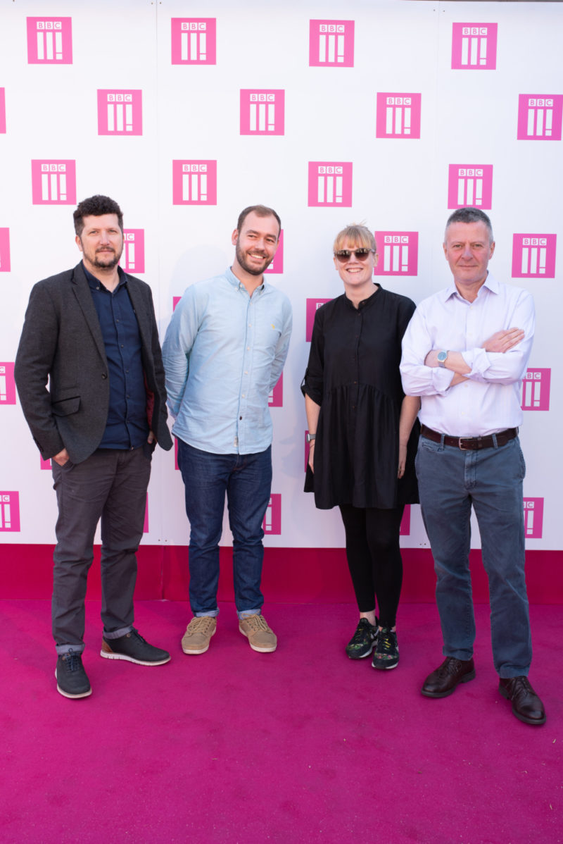 Tom McTaggart, Niall Bradnick, Laura Bowen and Joe Godwin on the BBC Three Day 'pink carpet'