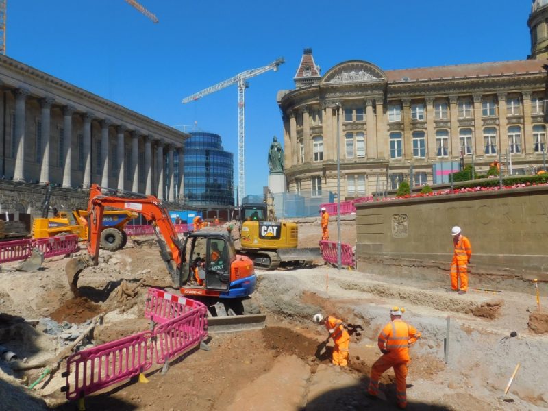 Construction work taking place around Victoria Square in 2018, when tracks for the metro tram were being installed 