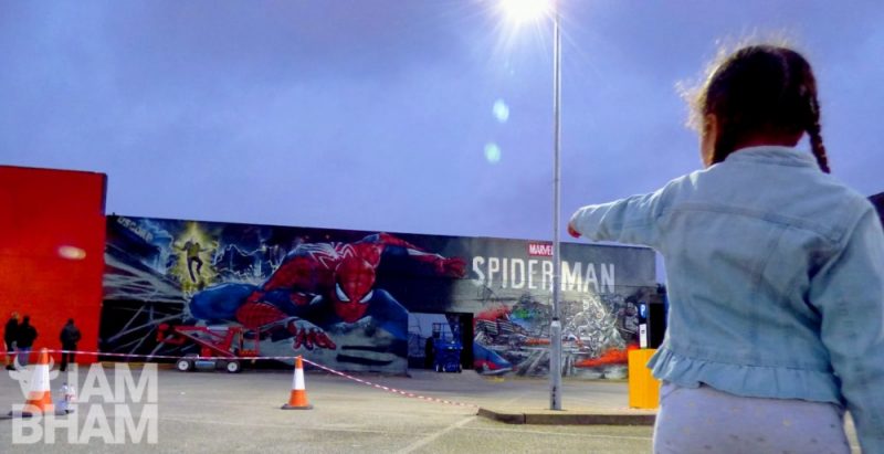 Spider-Man street art mural in Heath Mill Lane car park in Digbeth, Birmingham to launch the High Vis Fest