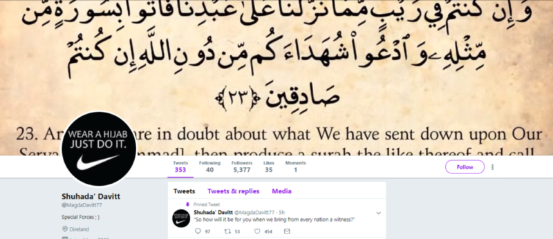 Sinead O'Connor's Twitter account has a new header banner displaying a Qur'anic verse, a profile picture praising the hijab and her new name Shuhada’ Davitt