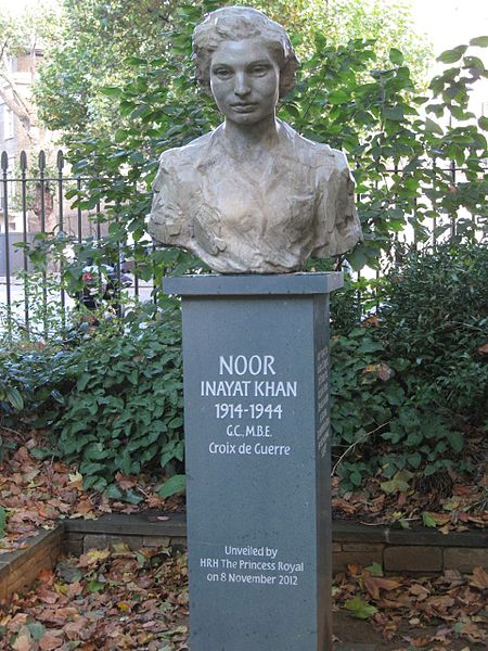 A bronze portrait bust of Noor Inayat Khan in Gordon Square Gardens, London