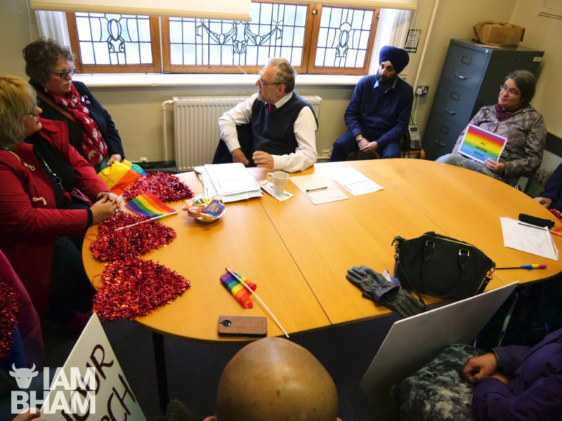 Pro LGBTQ+ education activists and campaigners meet with John Spellar, MP for Warley, at his constituency surgery meeting in Smethwick on Saturday 6th April 2019