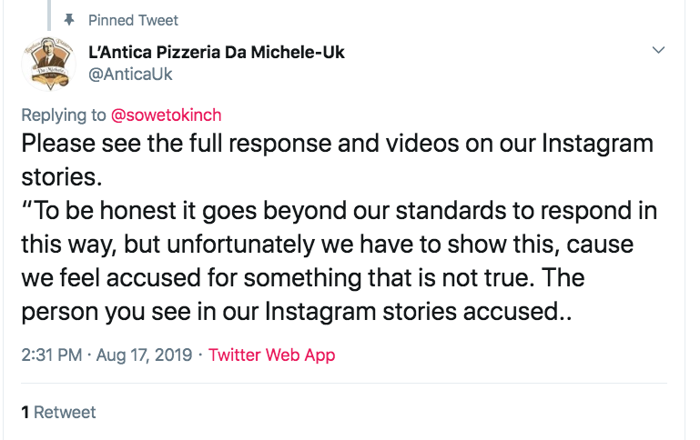 L' Antica Pizzeria Da Michele's Twitter response to Soweto Kinch following the incident 