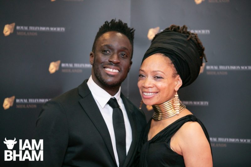 Stars on the red carpet at the Royal Television Society Midlands Awards, in Birmingham. UK. 29th November 2019 BBC presenters Ayo Akinwolere and Sue Brown 