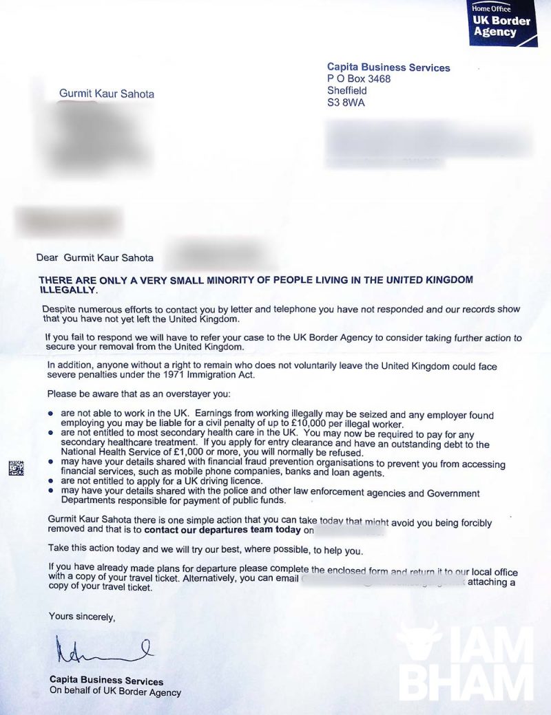 Gurmit Kaur has received letters from the Home Office and UK Border Agency threatening her with deportation 