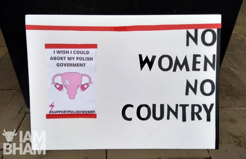 A 'No Women No Country' banner at the pro-choice protest in Birmingham today