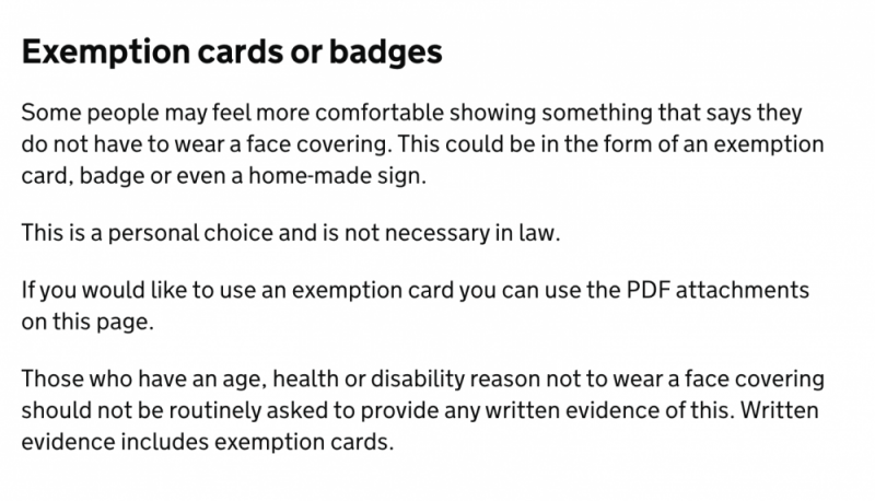 The UK Government has stated that a variety of exemption cards may be carried but none are legally required