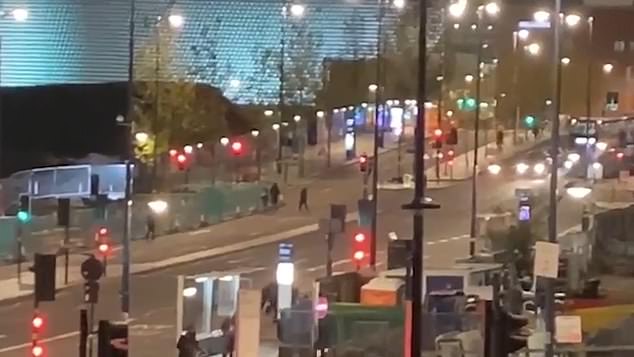 Footage has also been circulating of a group of thugs hurling fireworks at each other in Birmingham city centre, narrowly missing pedestrians 