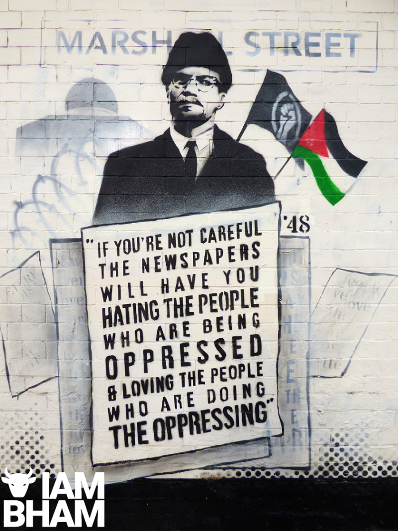 Mohammed Ali's new artwork depicts Malcolm X alongside one of his famous quotes and symbols representing Palestine 