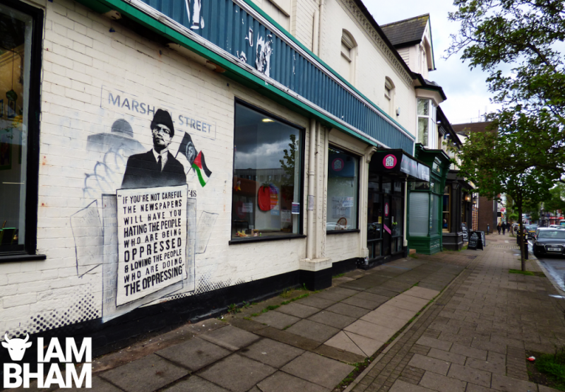A wall in the Kings Heath High Street displaying the striking new protest art by Mohammed Ali