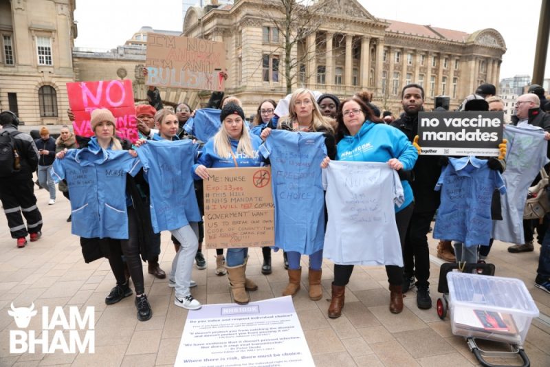 NHS workers attend a Birmingham protest against mandated vaccinations 