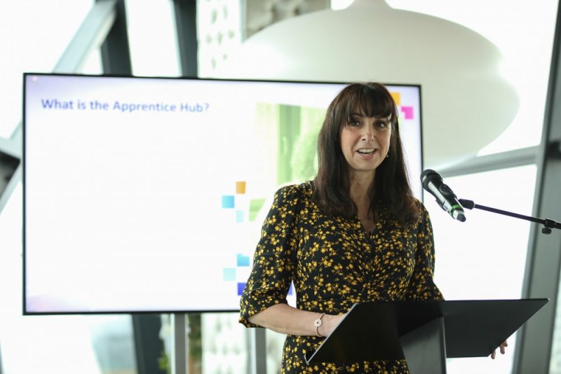 Sarah Moors addresses the audience at the launch of the BBC apprentice hub in Birmingham 
