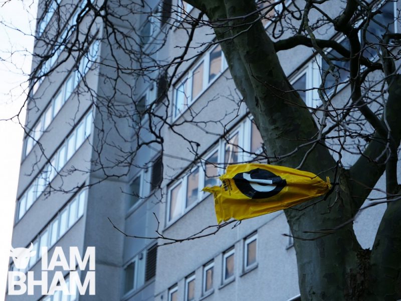 A bag caught on a tree in Birmingham city centre blows in the high winds during Storm Eunice 