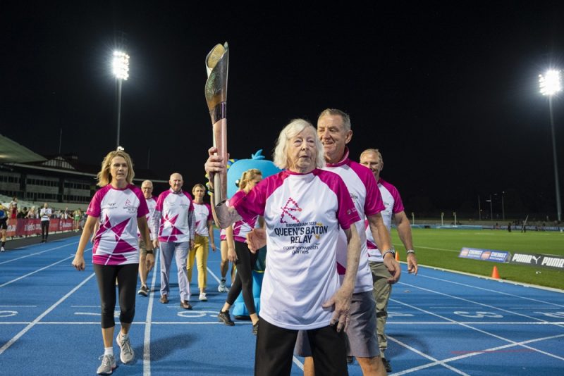 Batonbearers at Lakeside Stadium, led by Pam Kilborn-Ryan, Australian legend and former world's top woman hurdler