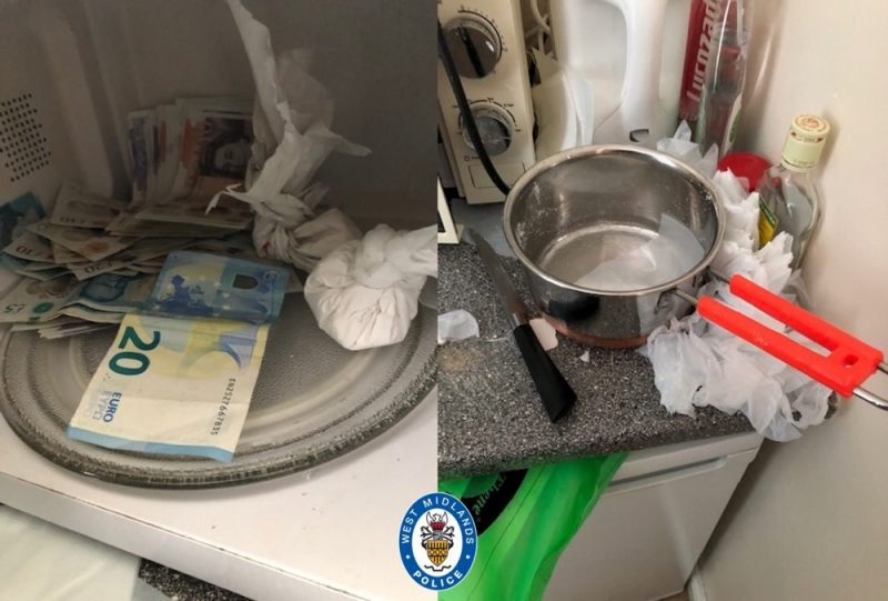 "The toilet and floor were covered in white powder, while we also found drugs and bundles of cash in a microwave," said police