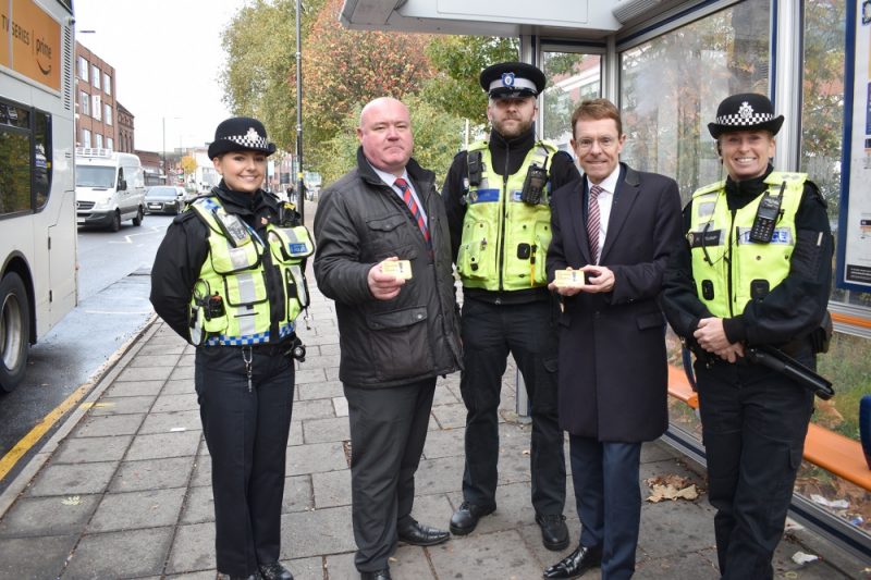 (L-R): Sgt. Nicola Mallaber of the Safer Travel Team, Tony Dallison, National Express’ head of security UK bus and coach, PCSO Andy Pope of the Safer Travel Team, Mayor of the West Midlands Andy Street and Safer Travel Inspector Rachel Crump ahead of an operation to counter anti-social behaviour on buses