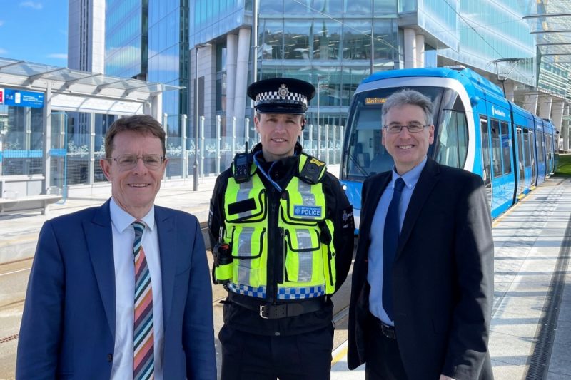 West Midlands Mayor Andy Street, British Transport Police Chief Inspector Ricky Sweeney and West Midlands Police and Crime Commissioner Simon Foster