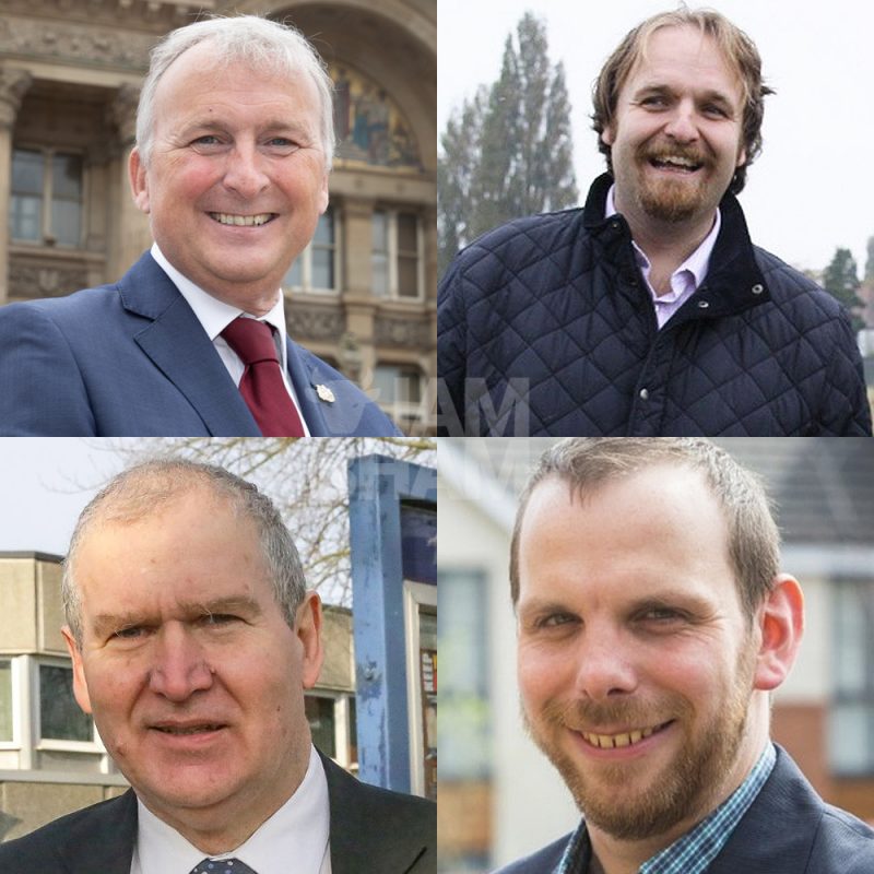 (Clockwise, L-R): Birmingham City Council leadership candidates Ian Ward (Lab), Robert Alden (Con), Julien Pritchard (Greens) and Jon Hunt (Lib Dem)