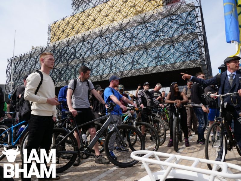 Cyclists waiting to start outside the Library of Birmingham 