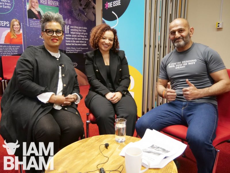 Reporter Salman Mirza with Kit de Waal and Lynette Linton at the BBC 'My Name Is Leon' preview event in Birmingham 