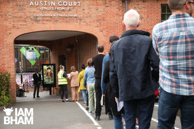 Guests queue at Austin Court in Birmingham for the BBC 'My Name is Leon' preview event
