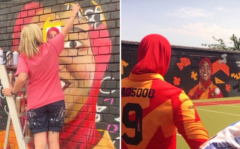 Cricketer Abtaha Maqsood came to see artist Lucy Danielle's striking mural
