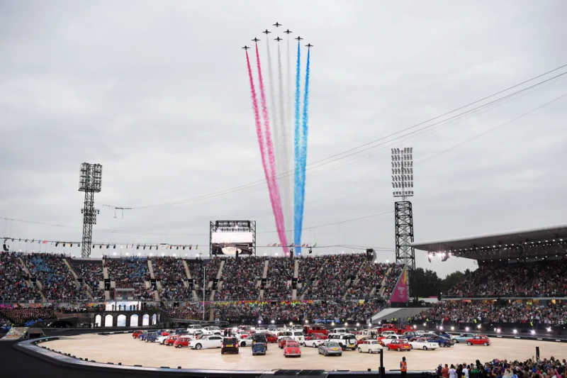 The Red Arrows fly over the Opening Ceremony