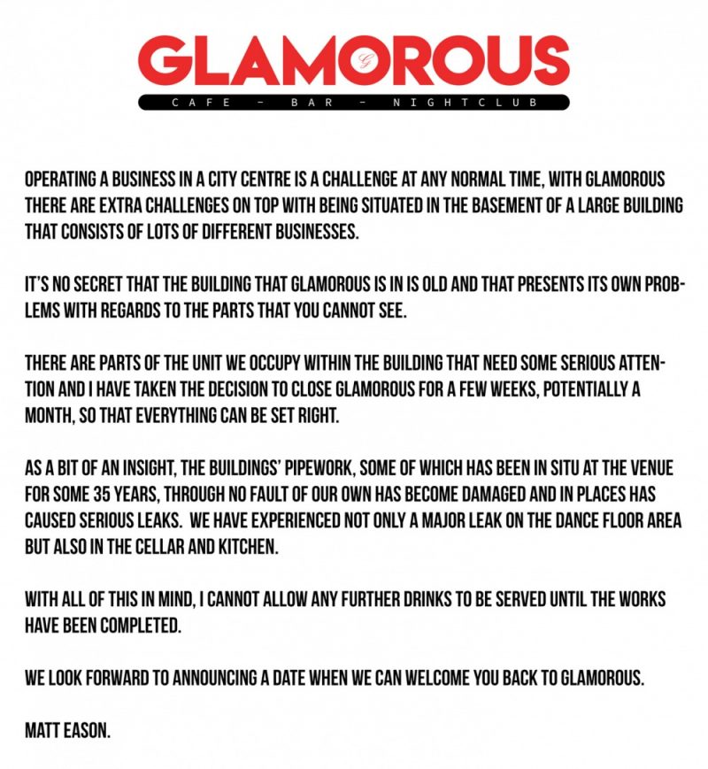 Glamorous show bar manager Matt Eason published a statement about the venue's temporary closure 