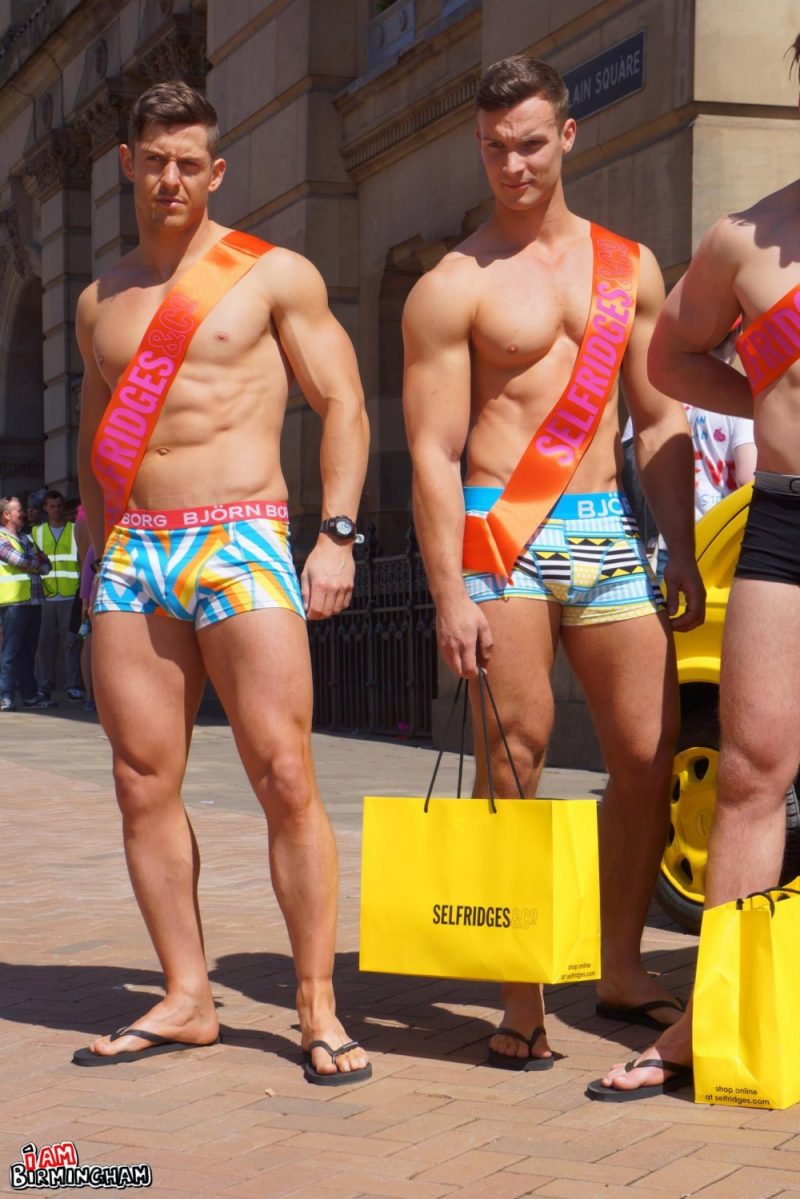 Naked muscle men in briefs pose for Selfridges at Birmingham Pride 
