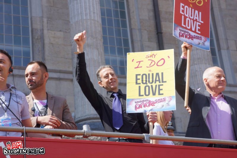 Peter Tatchell waves at Birmingham Pride 