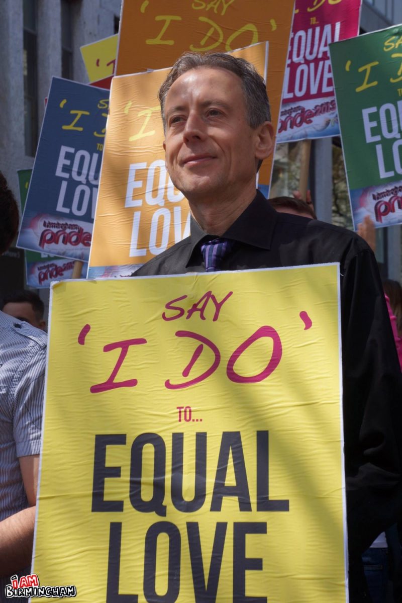 Peter Tatchell marching at Birmingham Pride 