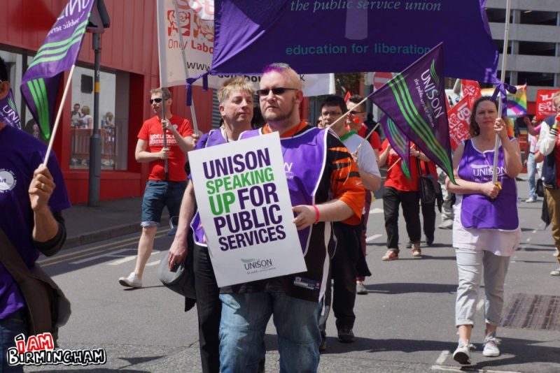Unison trade union LGBT Pride banner on parade in Birmingham 