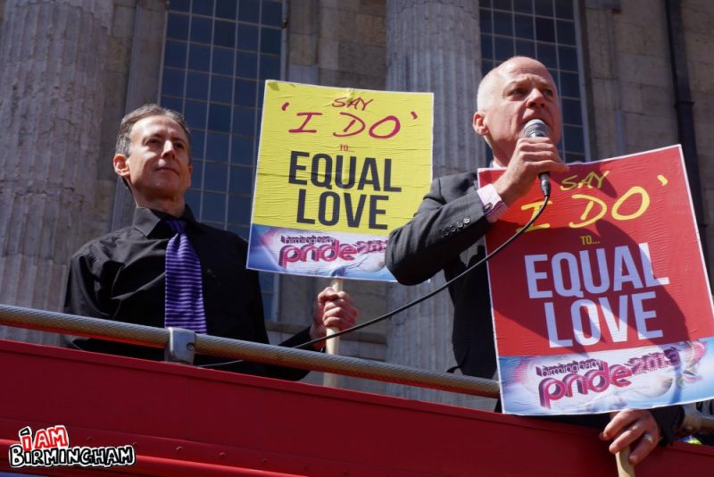 Michael Cashman speaks to crowds alongside Peter Tatchell at Birmingham Pride 2013 